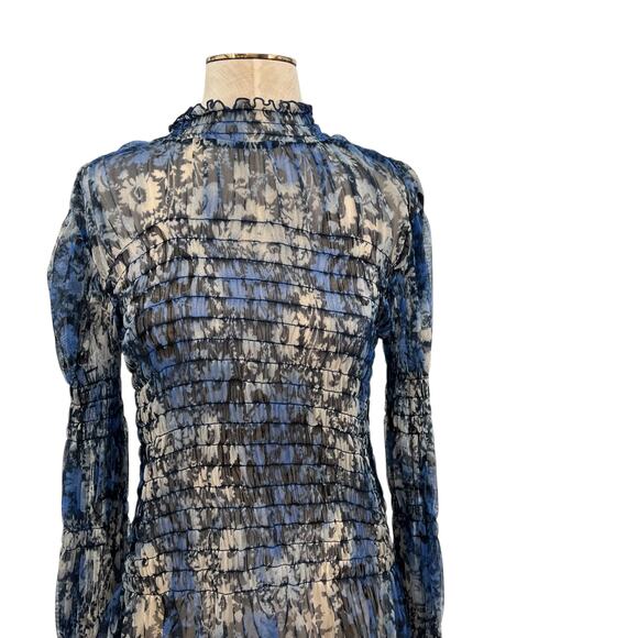 Free People Hello There Top Blouse Smocked Flare Sleeve Mesh Floral Blue Large - Picture 3 of 11